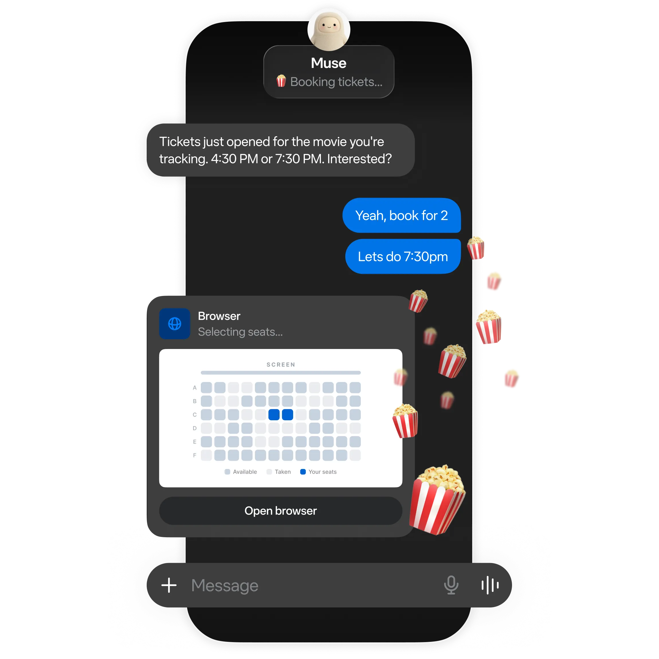 Floating browser, search, map, calendar, and confirmation panels