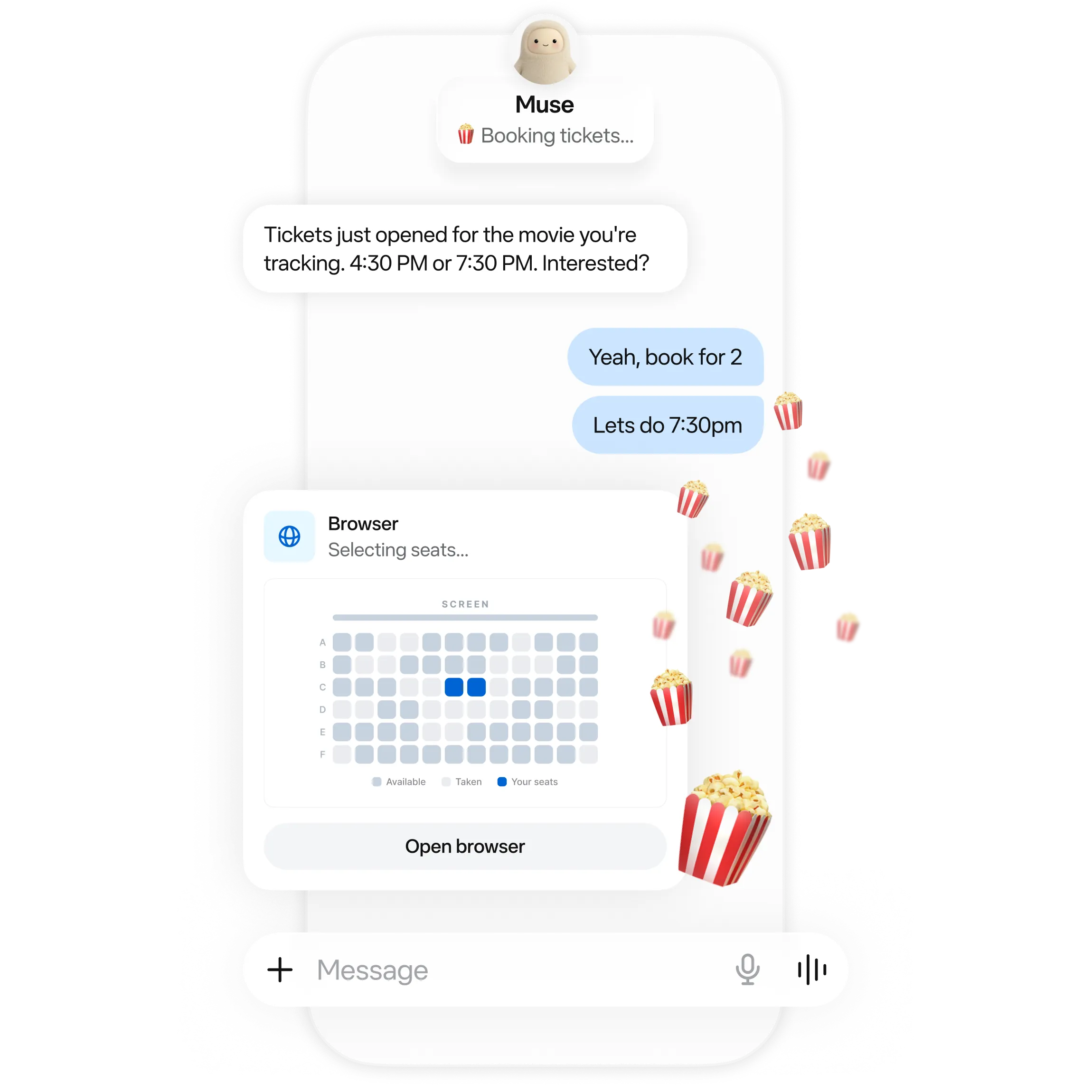 Floating browser, search, map, calendar, and confirmation panels