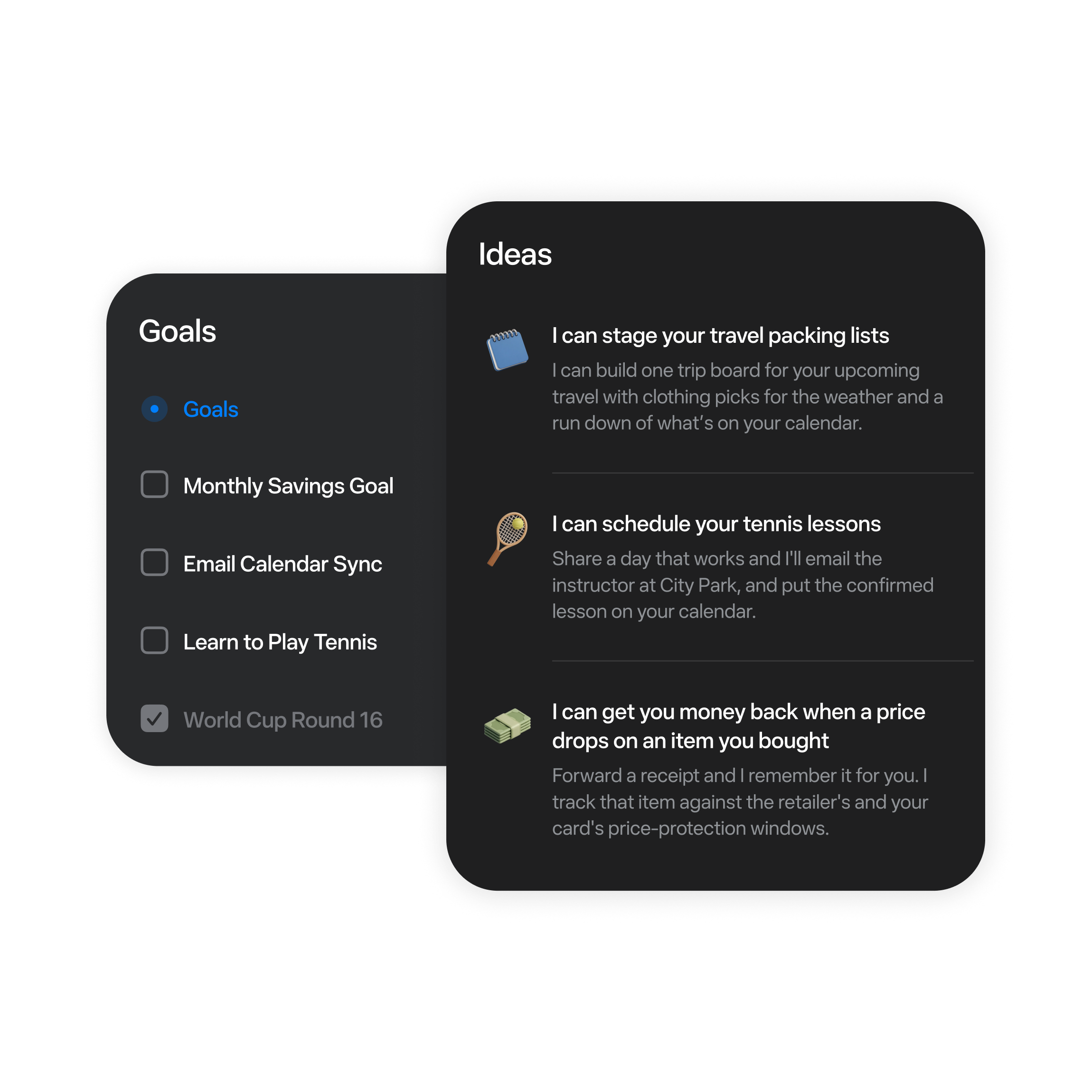 Floating checklist, calendar, route, progress, and idea panels