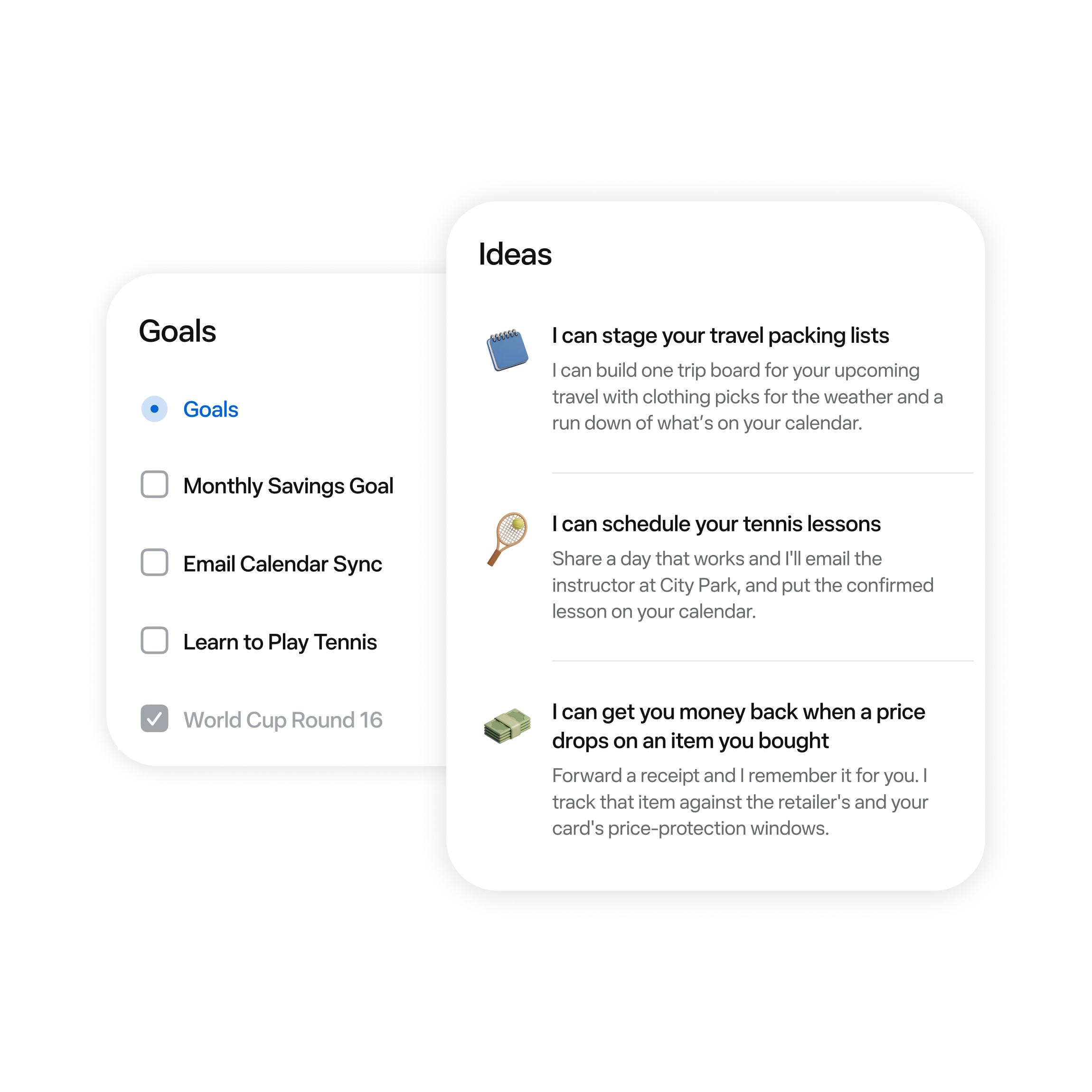 Floating checklist, calendar, route, progress, and idea panels