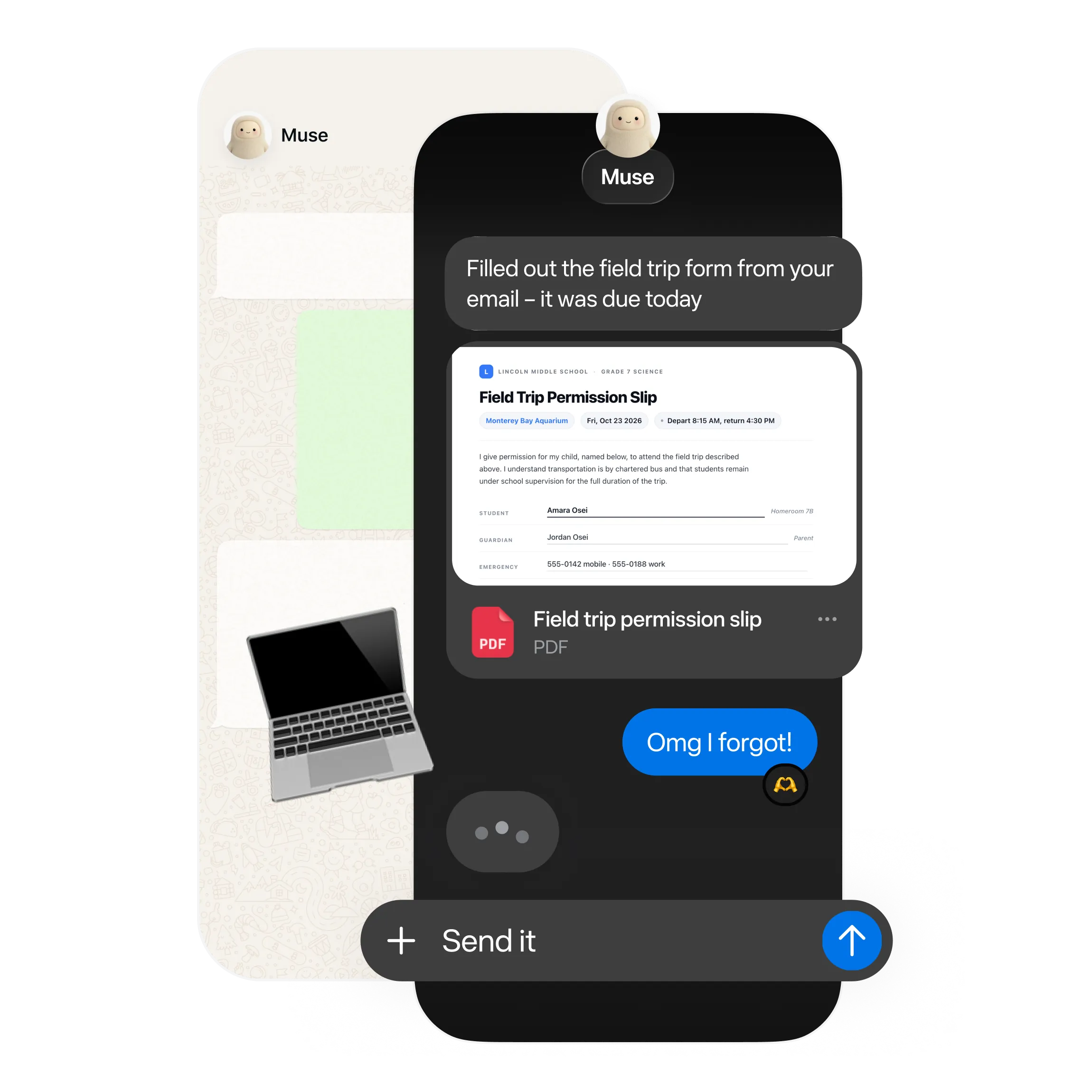 A chat on a phone where the agent has filled out a school form, shown beside a laptop